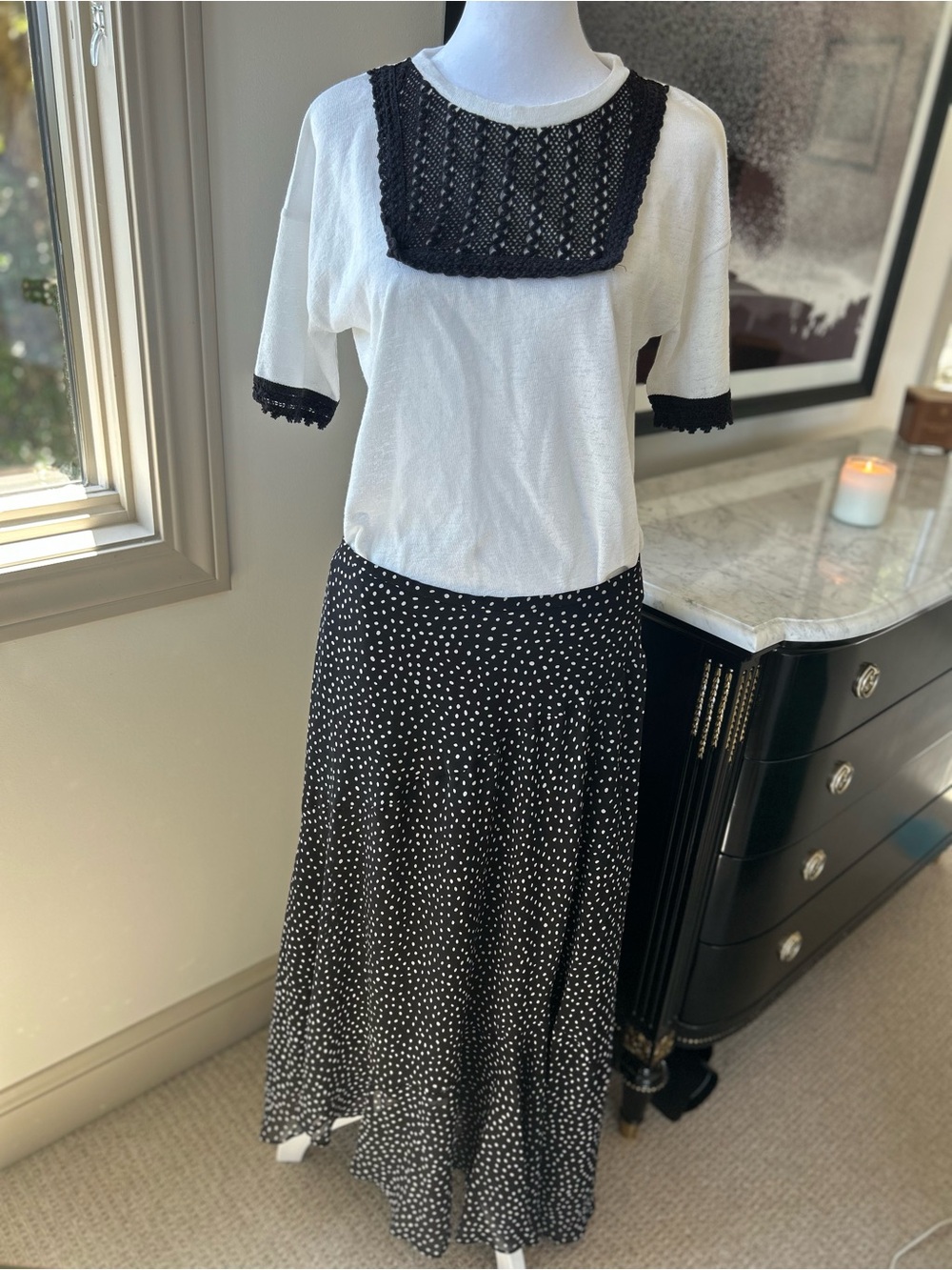 CAbi Black and White Polka Dot Maxi Skirt